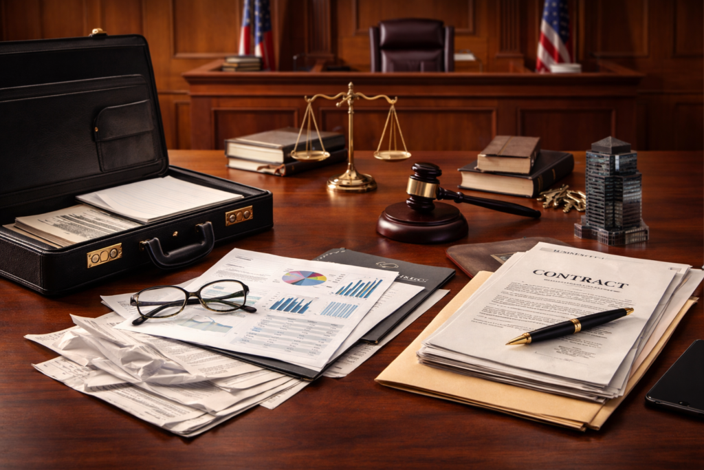 Close-up of a monthly calendar planner on a desk with a pen and smartphone, set in a courtroom environment with a gavel and legal books in the background, representing legal scheduling and case management