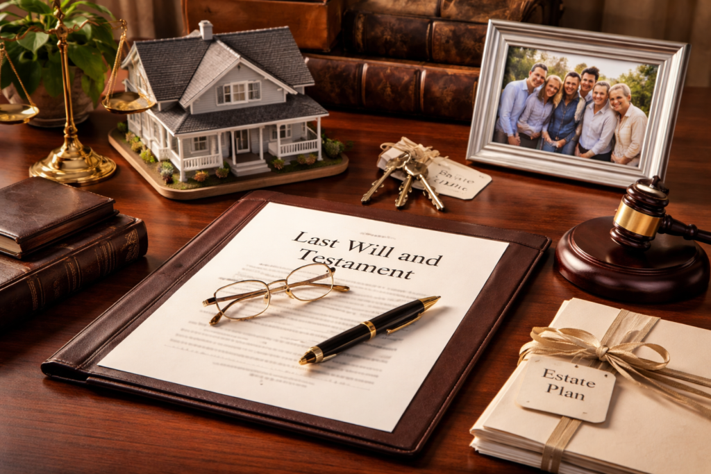 Close-up of a last will and testament document on a desk with eyeglasses and a pen, surrounded by a house model, family photo, keys, gavel, and estate plan papers, representing estate planning and inheritance services