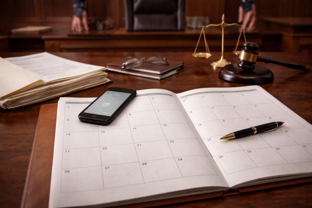 Close-up of a monthly calendar planner on a desk with a pen and smartphone, set in a courtroom environment with a gavel and legal books in the background, representing legal scheduling and case management
