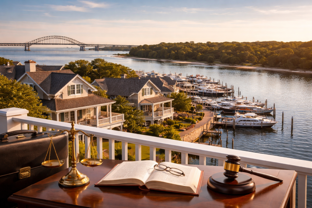 Scenic waterfront view of residential homes and a marina with boats, seen from a balcony desk featuring a gavel, legal book, and scales of justice, symbolizing legal services in a coastal community