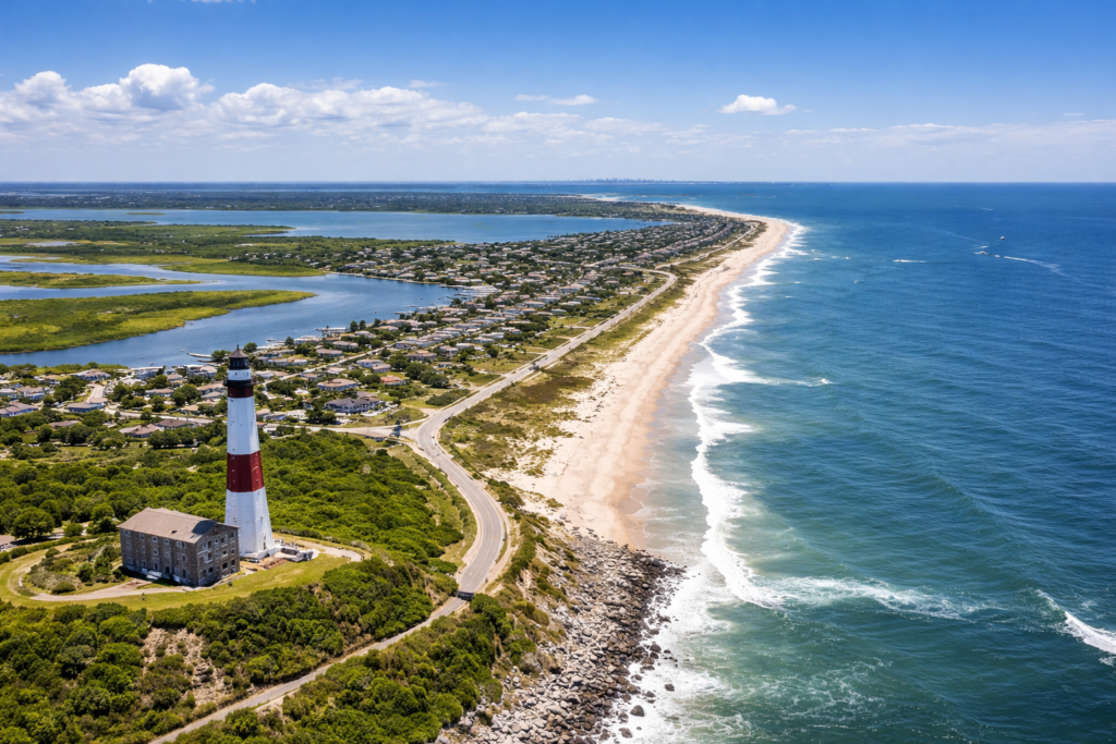 Aerial view of a coastal shoreline with a lighthouse, sandy beach, and nearby residential community along the ocean, representing a scenic seaside location and coastal living environment